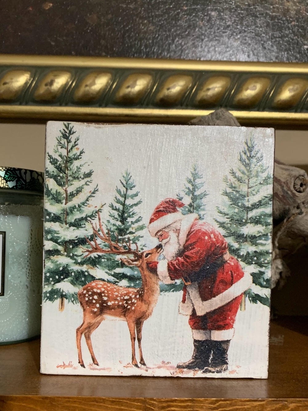 Holiday Santa and Deer Decorative Wood Plaque - Red, Green